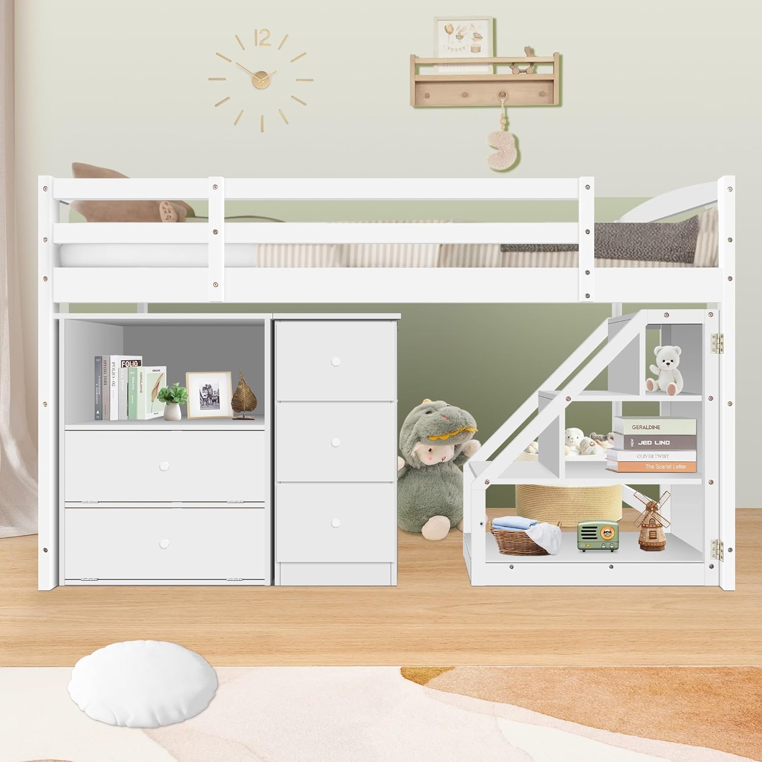 Bed with Pullable Storage Staircase and 2 Cabinet, Wooden Stairway Loft Bed with Drawers and Shelves, Twin Size Bed Frame for Gi