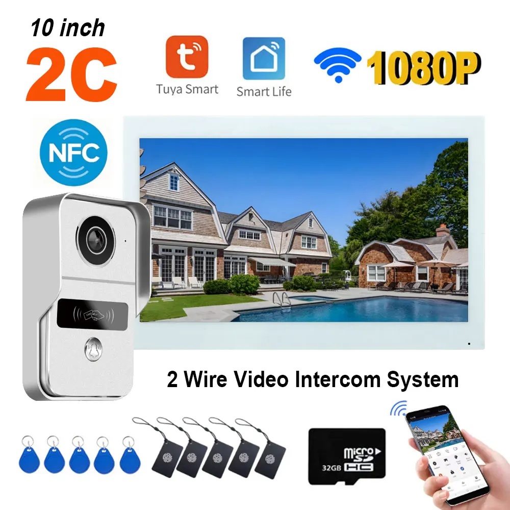 2-проводной умный дом Tuya Wi-Fi 1080P видеодомофон видеодомофон 10-дюймовый цветной сенсорный экран камера дверной звонок дверная система безопасности