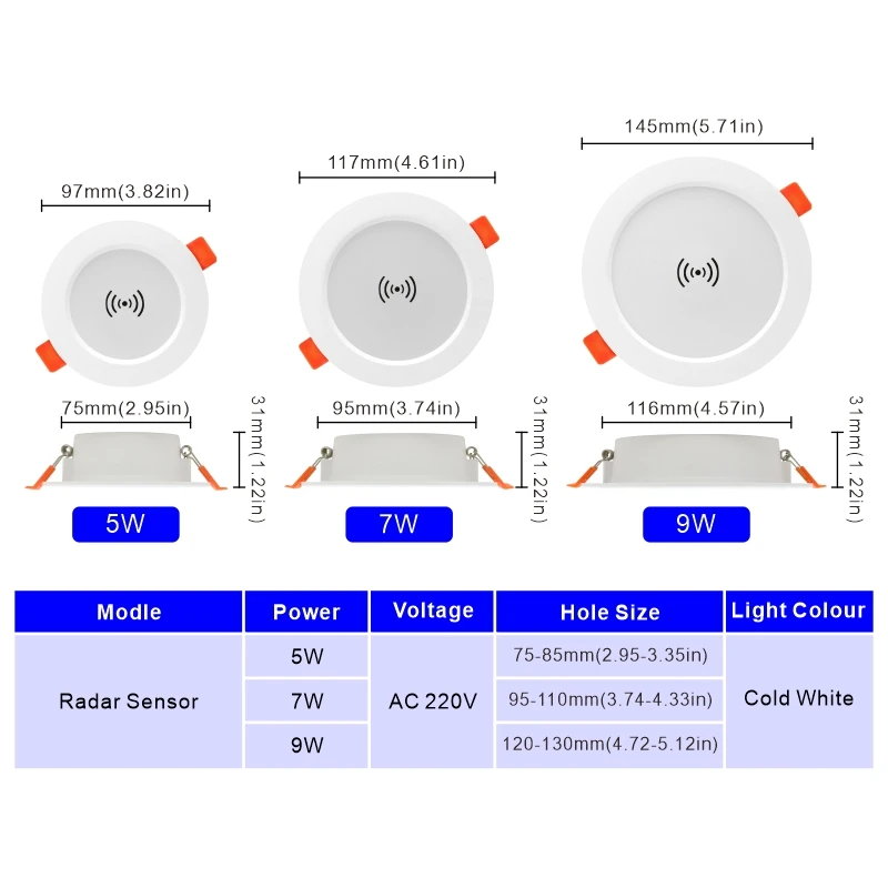 2 unids/lote Radar Led Downlight 5W 7W 9W 220V Sensor humano luz de techo 2,5/3/4 pulgadas Panel Led redondo iluminación de foco de luz