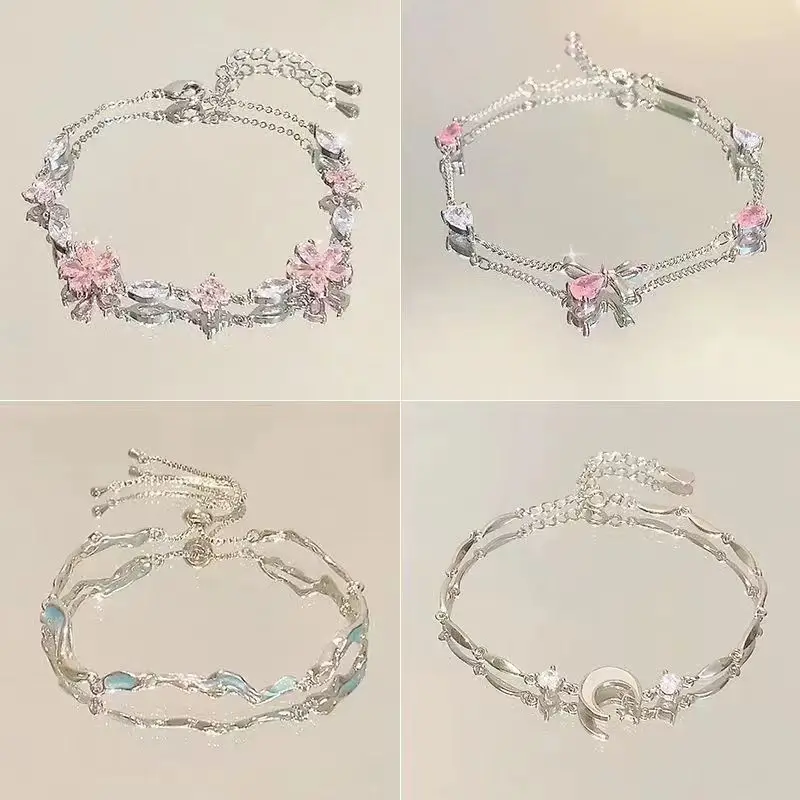 Pulsera de acero divertida para mujer, cadena de mano con circonita rosa brillante, mariposa, flor de cerezo, regalo de amistad para niñas, accesorios Y2k