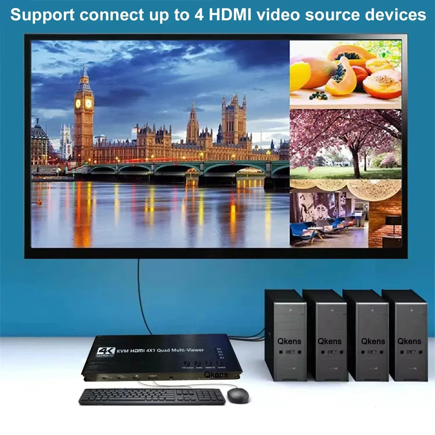 Мультипровер HDMI 1080p 4K 4x1 KVM HDMI Quad Multiviewer 4 В 1 Выход Бесшовный переключатель Поддержка 4 портативных ПК Поделиться мыши и клавиатуры