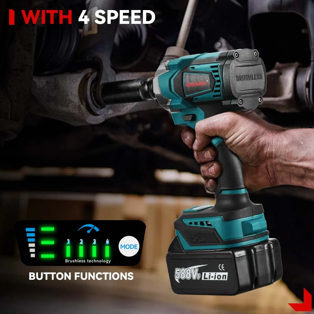 ONEVAN 1200N.M Llave de impacto eléctrica sin escobillas 3 funciones 1/2 "destornillador portátil inalámbrico herramientas de taladro para Pin de batería Makita