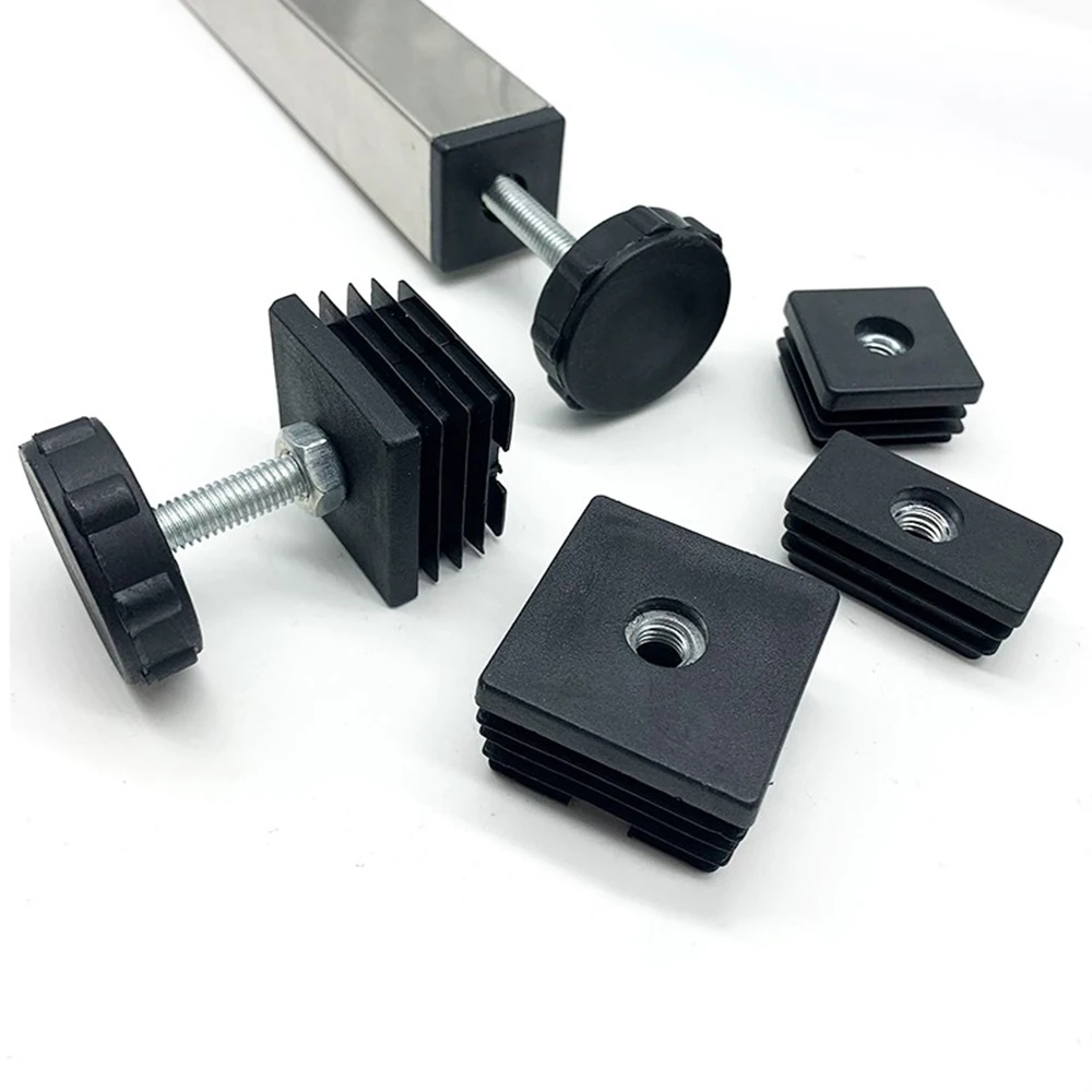 4Pcs ปรับเท้าแผ่น M8 Nut ท่อปลั๊กสีดำรูปสี่เหลี่ยมผืนผ้าหลอดเฟอร์นิเจอร์ Leveling ฟุต Levelers สำหรับตารางขาเก้าอี้