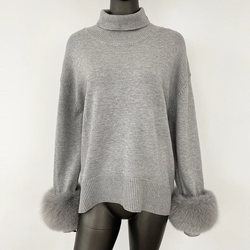 FURYOURSELF 2025, Damen-Wollpullover, übergroß, echtes Fuchspelz, Manschettenpullover, elegante Bürodame, Kleidung, lockerer Rollkragenpullover