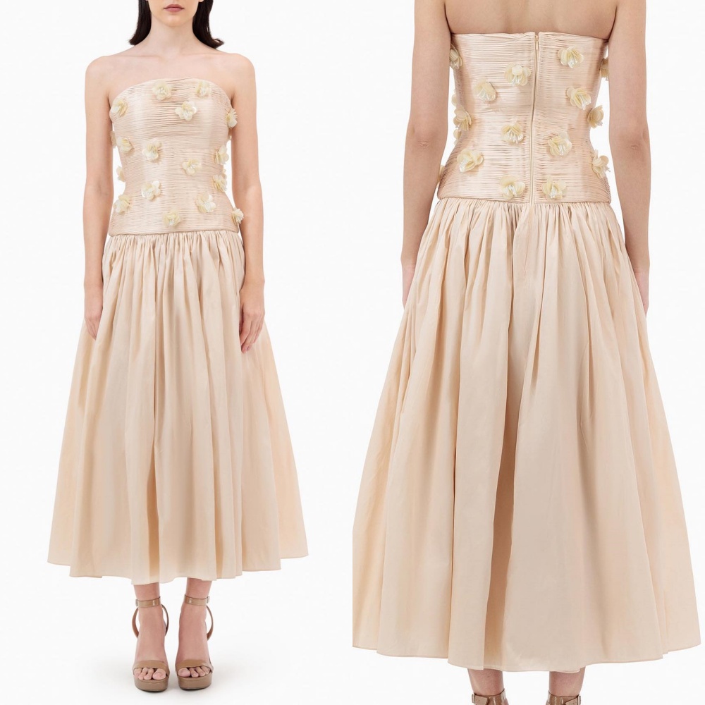 Vestidos midi sin tirantes de una línea de flores plisadas de Jersey intrincados personalizados Vestidos para ocasiones a medida Estilo moderno exquisito clásico P