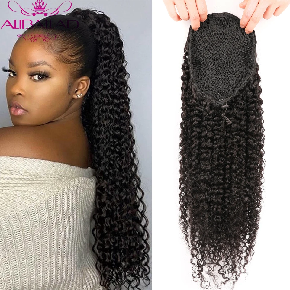 Aliballad kinky encaracolado cordão rabo de cavalo remy cabelo humano brasileiro encaracolado rabo de cavalo afro clipe em extensões 100g-150g para mulher