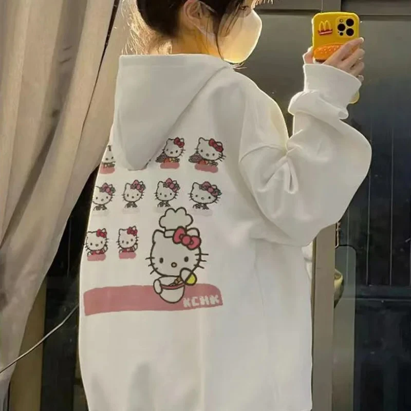Sudadera Y2K para mujer, Sudadera con capucha con patrón Kawaii Sanrio Hello Kitty, estilo coreano para mujer, Top holgado y cálido para otoño e invierno