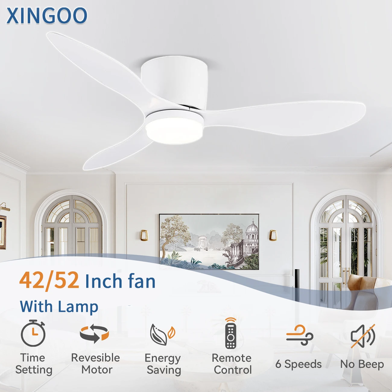 Luz de ventilador de techo de montaje de 42 pulgadas con 3 colores, 6 velocidades, sincronización, ventilador de techo de perfil bajo con Control remoto, dormitorio, comedor