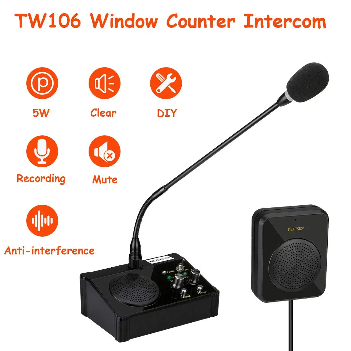 Retekess Dual Way Window Counter Intercom System, Interphone para Restaurante, Banco, Escritório, Loja, Estação, Clínica, TW106, 5W