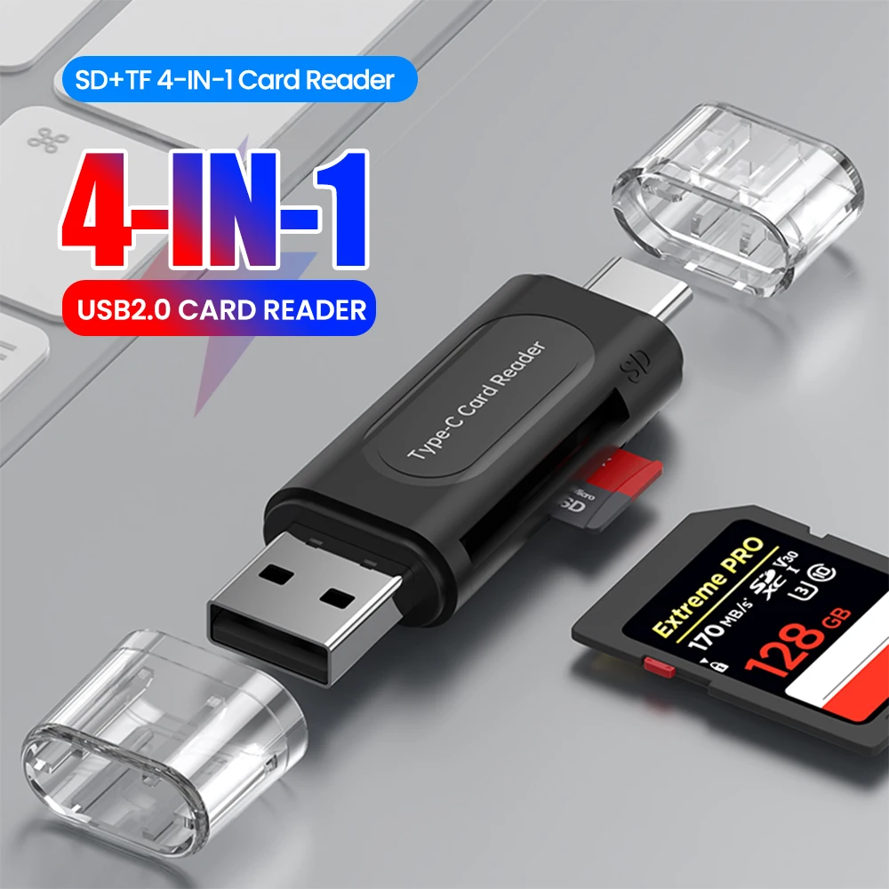 Lector de tarjetas USB TYPE-C multifunción 4 en 1, almacenamiento externo, elástico negro para Memory Stick, USB 2,0, Mini lector de tarjetas SD TF
