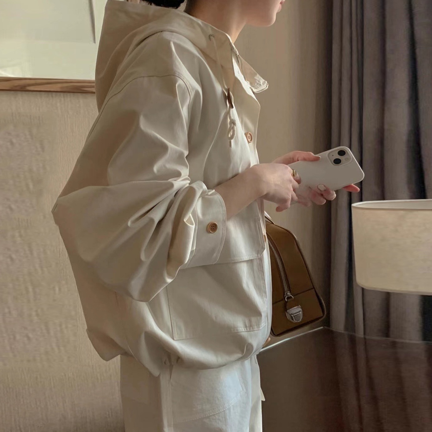 Hooded Windbreaker Jacket with Drawstring Utili Sle Pocket Long Sleeve Loose Fit Single Button Closure Solid Color Polyester