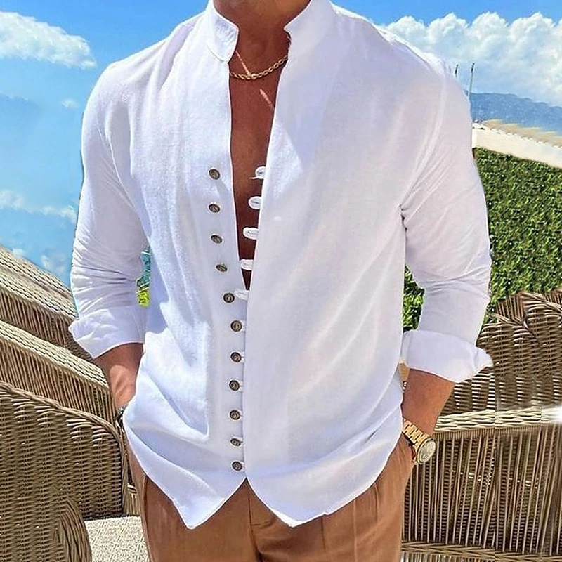 Neue männer Vintage Casual Shirts Baumwolle Leinen Langarm Straße Tragen Revers Taste Einfarbig Hemd Für Männer Urlaub Bluse top