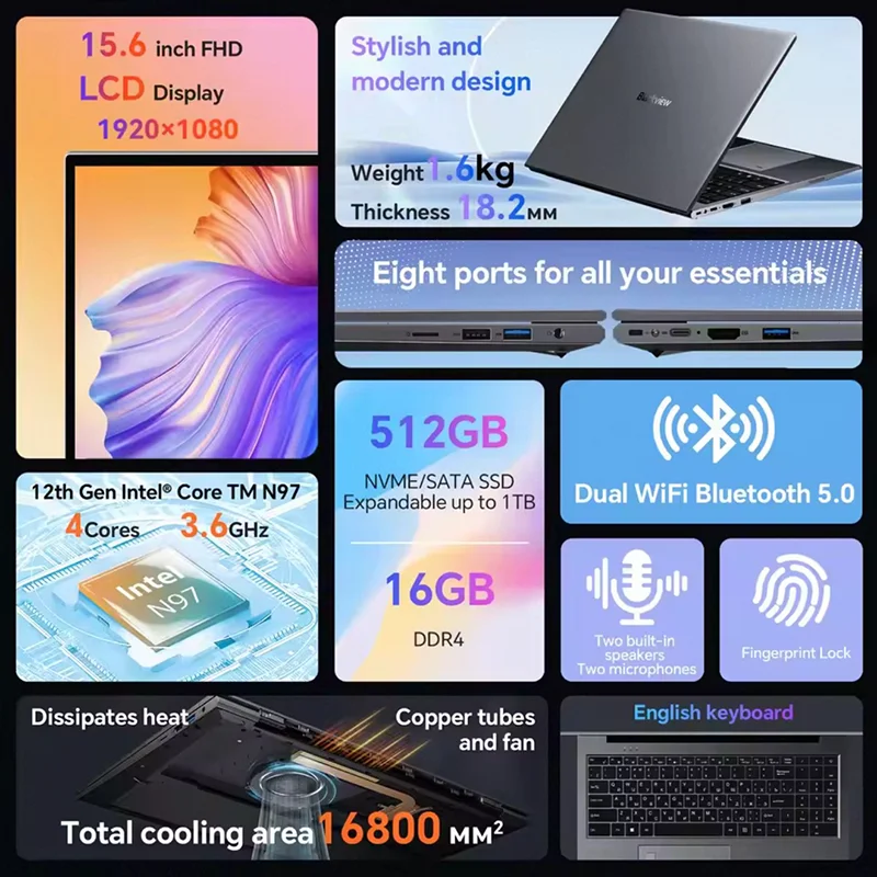 Laptop Blackview AceBook 8 da 15,6" 12a generazione Intel Alder Lake N97 16 GB di RAM 512 GB SSD + espansione fino a 1 TB Windows 11 Home 15,6"