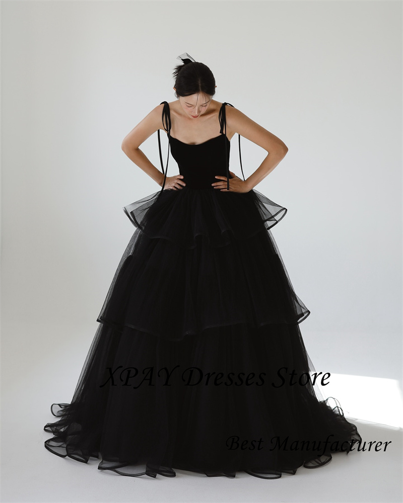 XPAY Princess Black Tiered Wedding Dresses Korea Photo shoot Spaghetti Straps Layered Evening Gowns Corset Back Customized