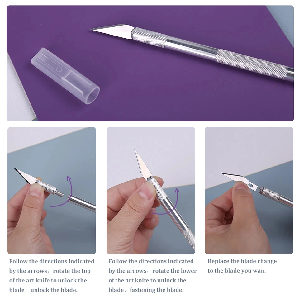 Fniiva Taglierina per incisione con 5 pezzi Lama Manico in metallo Intaglio artigianale Scultura Carta Coltello antiscivolo Riparazione fai da te Strumenti in pelle a mano
