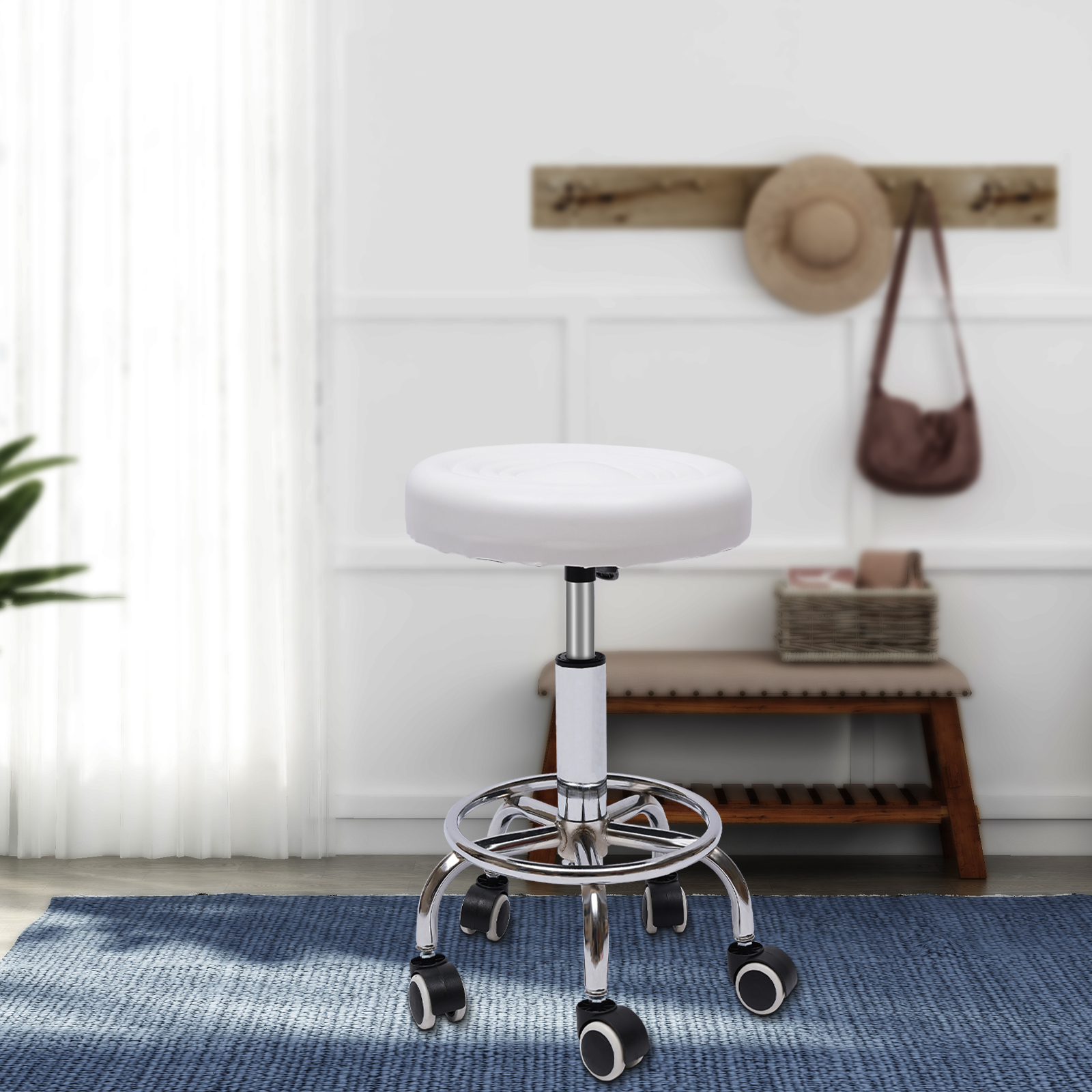 Taburete giratorio hidráulico ajustable en altura de 44-57cm, silla con respaldo para tatuaje, masaje, salón Facial, Spa, Bar, blanco