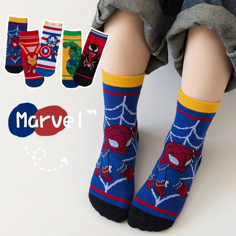 5 คู่ถุงเท้าเด็กการ์ตูน Spiderman ถุงเท้าเด็กฤดูใบไม้ผลิฤดูใบไม้ร่วงกลางถุงเท้าผ้าฝ้ายน่ารักถุงเท้าเด็กขนาด 1-12 ปี
