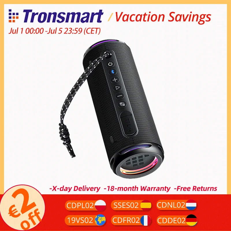 Tronsmart T7 Lite-Lautsprecher, tragbarer Bluetooth-Lautsprecher mit verbessertem Bass, Bluetooth 5.3, 24-Stunden-Spielzeit, APP-Steuerung, für Camping