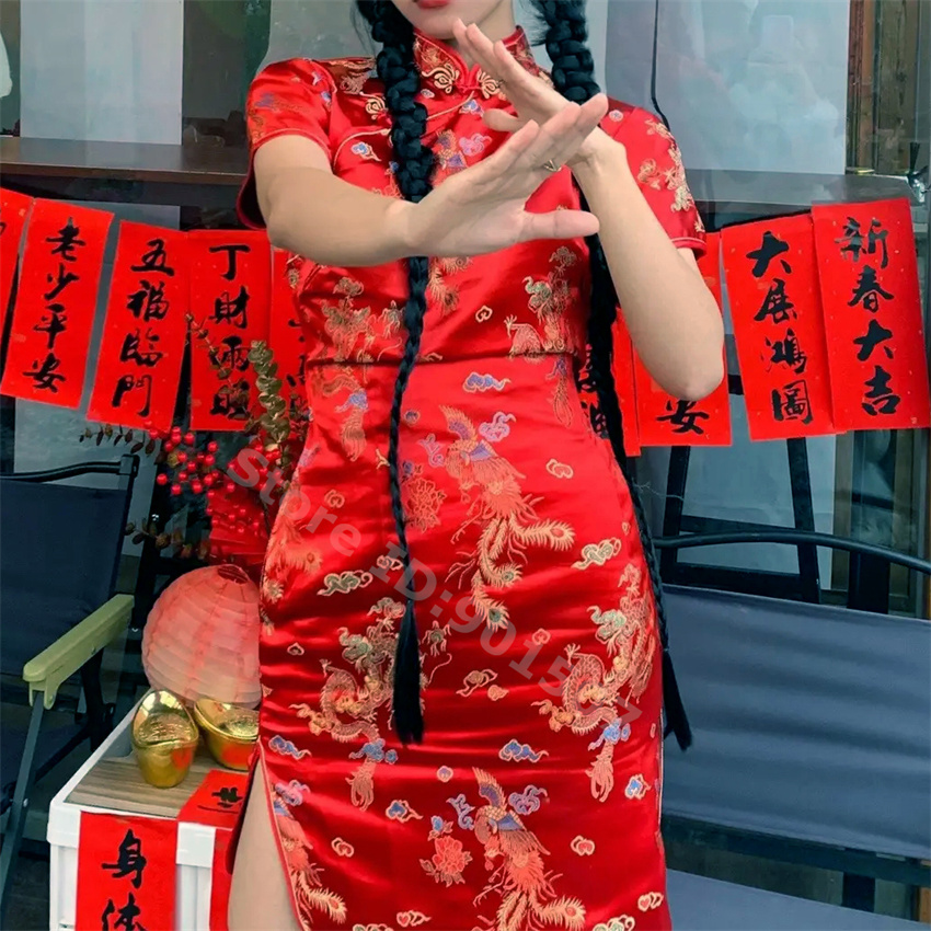 여성용 특대 레드 드래곤 미니 치파오, 빈티지 만다린 칼라, 중국 스타일 드레스, 4XL, 5XL, 6XL
