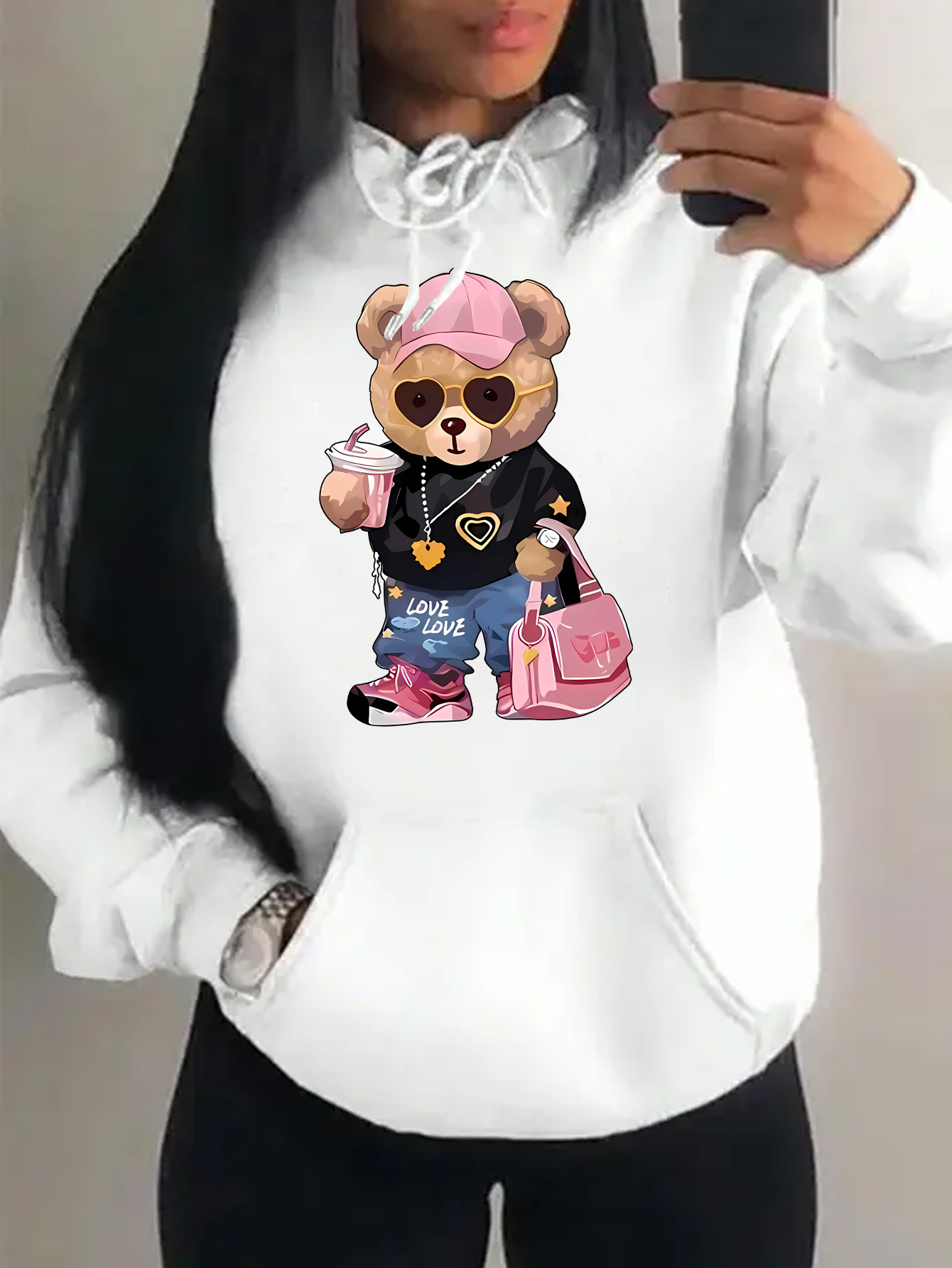 Sweat à capuche Cool Bear Smile pour femme, pulls de poche Harajuku, sweat à capuche drôle, motif réglable, design créatif, vêtements d'automne