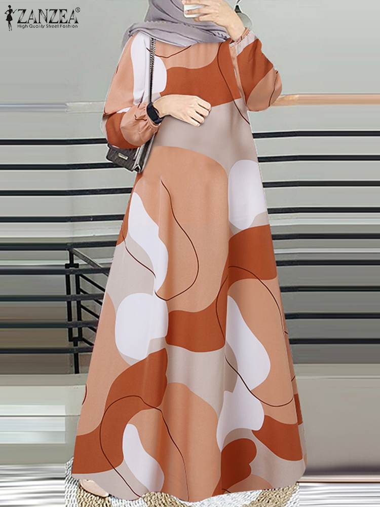 Zanzea muslimische Mode Farb block lange Kleider Frauen elegant o Hals Langarm A-Linie Vestidos lässig lose islamische Abaya Roben