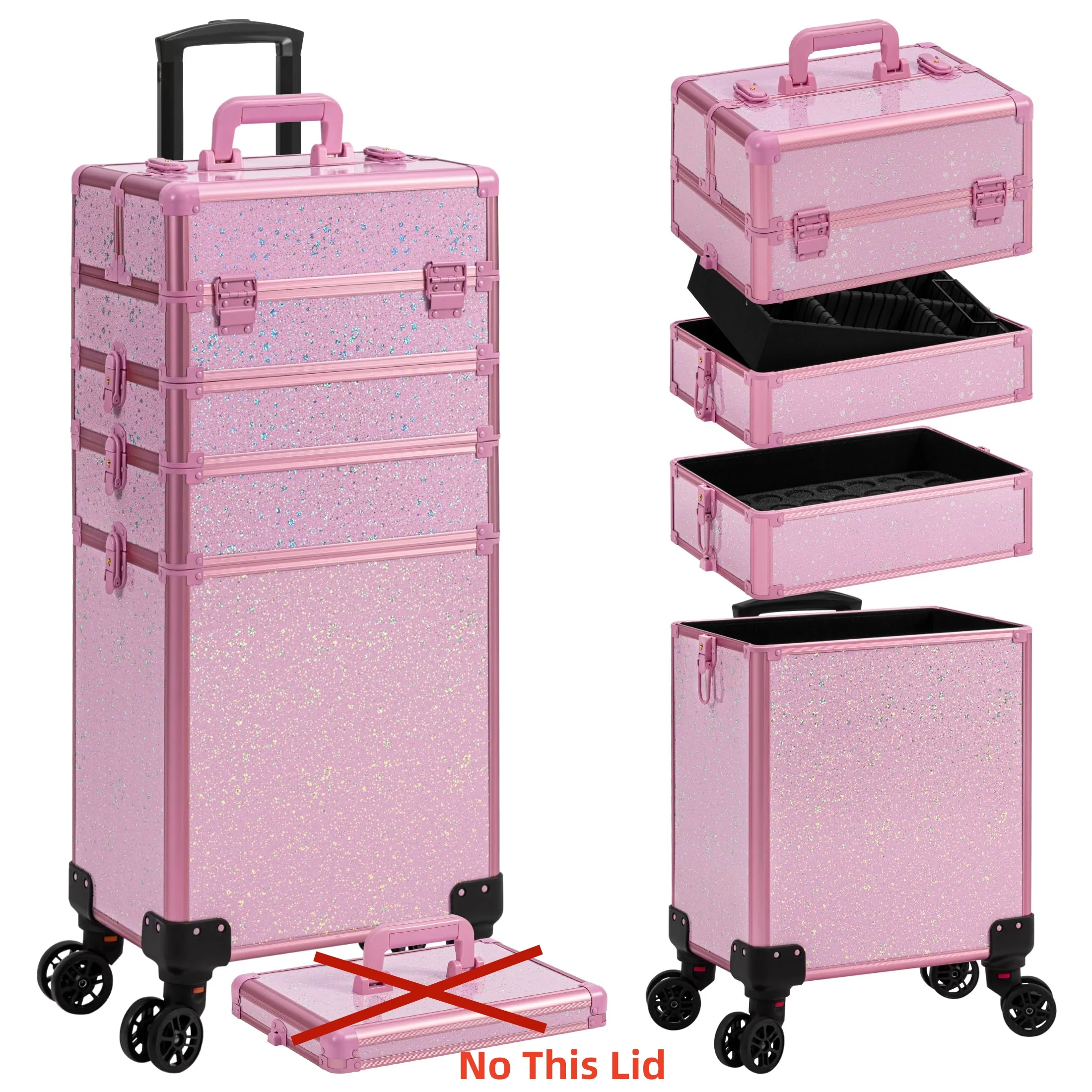 แต่งหน้ารถเข็นที่ถอดออกได้ 4 in 1 รถไฟกระเป๋าเอกสารสําหรับเล็บล้อล็อค Salon ขนาดใหญ่ความจุกรณี