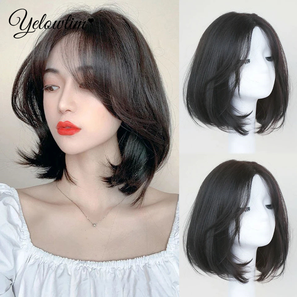 Pelucas sintéticas en capas de color negro oscuro con flequillo, peluca de pelo liso Natural corto para mujeres negras, Cosplay diario, fibra resistente al calor