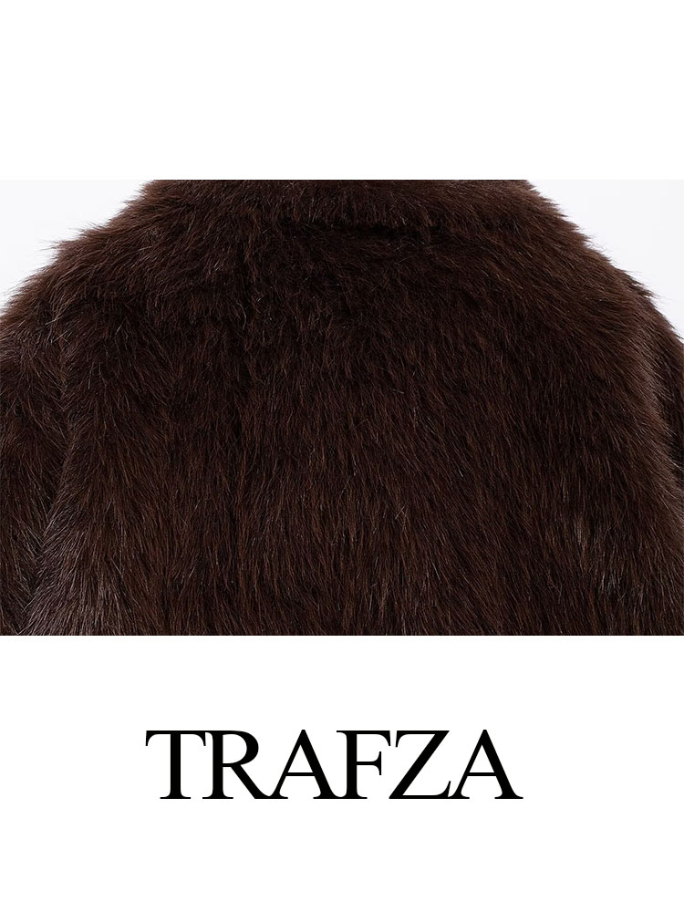 TRAFZA แฟชั่นผู้หญิงสีน้ําตาลสบายๆแขนยาวปุ่ม Turn-Down COLLAR หลวมผู้หญิงฤดูหนาว WARM Coat Faux FUR แจ็คเก็ต