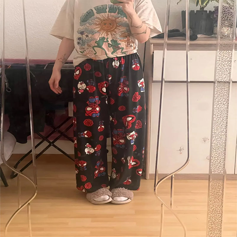 Pantaloni da notte in flanella di gatto dei cartoni animati per le donne in autunno e inverno, nuovi pantaloni da casa casual caldi in pile corallo ispessito e flanella