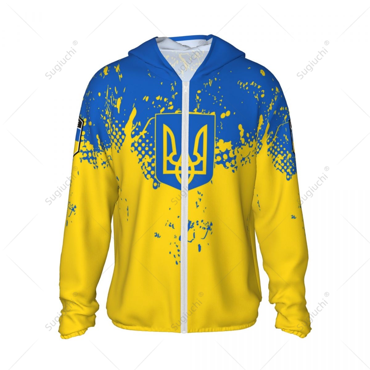 Protetor solar de poliéster com zíper, manga comprida, roupas para pesca, ciclismo e corrida, proteção solar, bandeira da Ucrânia, secagem rápida