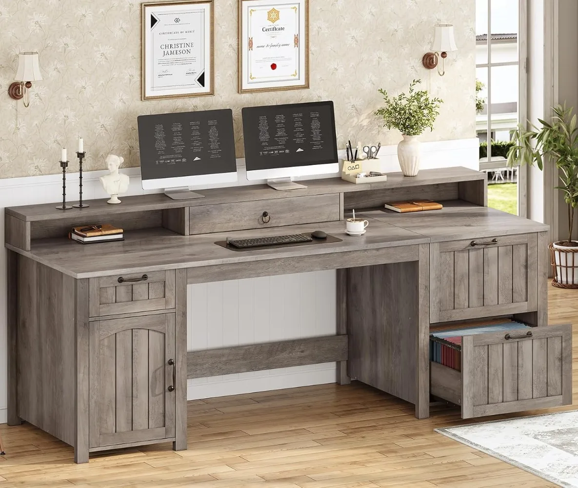 "Farmhouse 63” Executive Desk, Wooden Computer Desk with Drawers & Storage – Includes File Cabinet for Home Office Organizatio