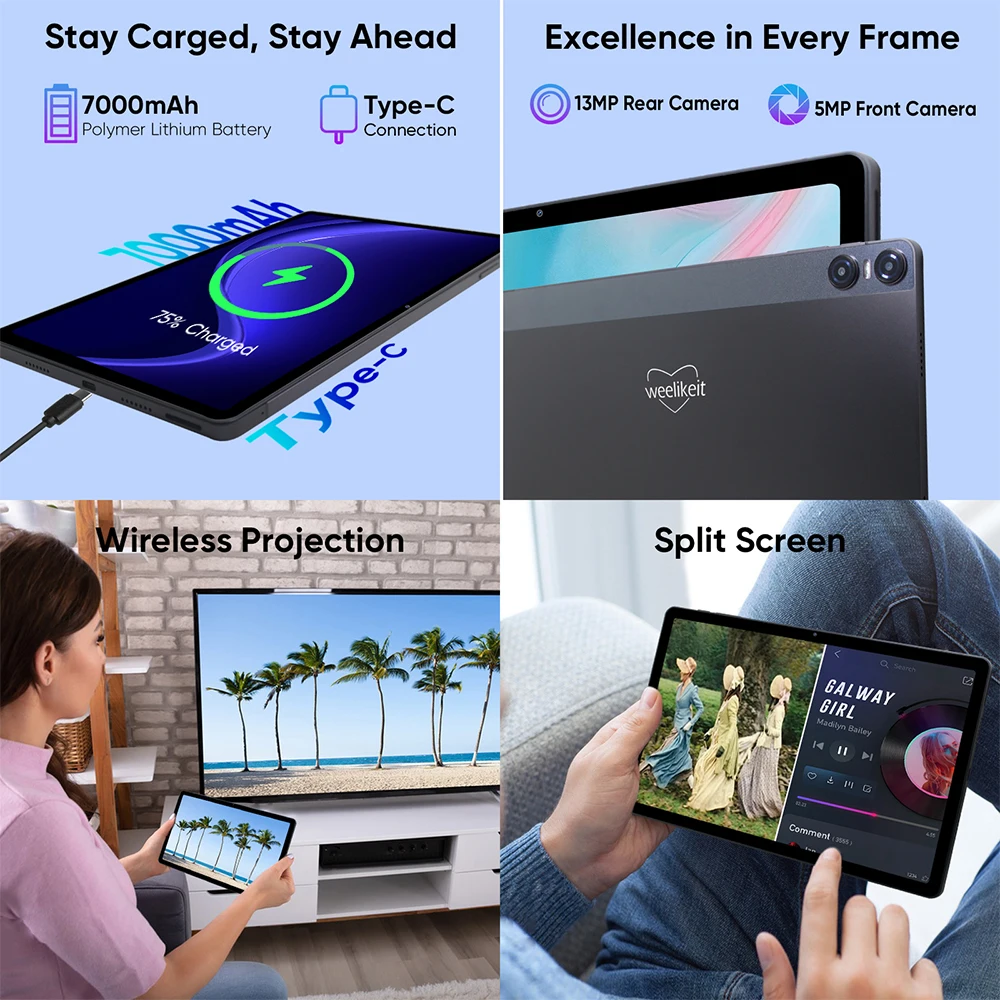 Weelikeit แท็บเล็ตแอนดรอยด์13แท็บเล็ต MTK 8183 8-core 11 "2K FHD incell Display 6GB RAM 128GB ROM Type-C 7000mAh WiFi GPS 2024สำหรับเด็ก