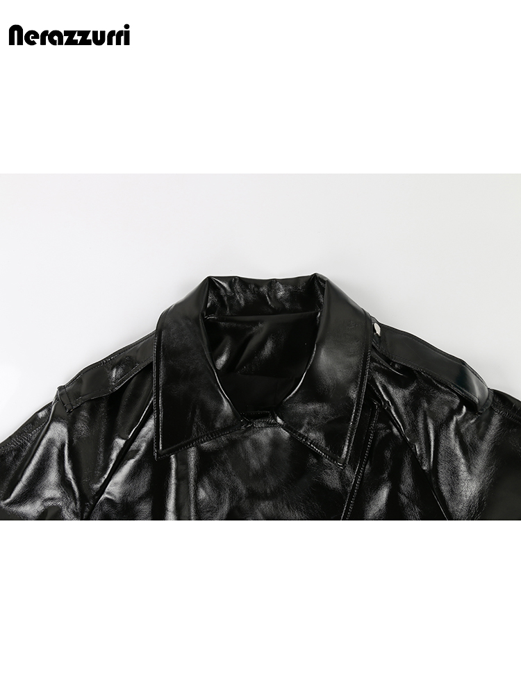 Nerazzurri ชุดโอเวอร์โค้ทสำหรับผู้หญิงหนังสังเคราะห์สิทธิบัตรสะท้อนแสงแข็งสีชมพูสดใสเสื้อฝนยาวหรูหราฤดูใบไม้ร่วงฤดูหนาว