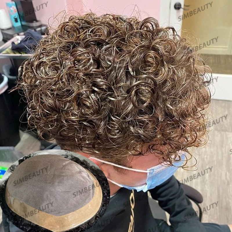 ผู้ชายวิกผมผมมนุษย์ Super ทนทาน MONO 20MM CURLY Toupee ผู้ชาย Capillary Prosthesis ผมหน่วยเปลี่ยนระบบชิ้นสําหรับชาย