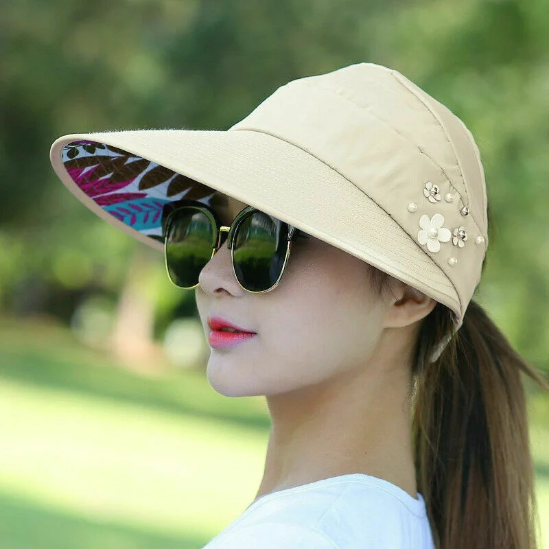 Chapéu de sol dobrável de aba larga de verão feminino anti-UV praia viseira bonés chapéus