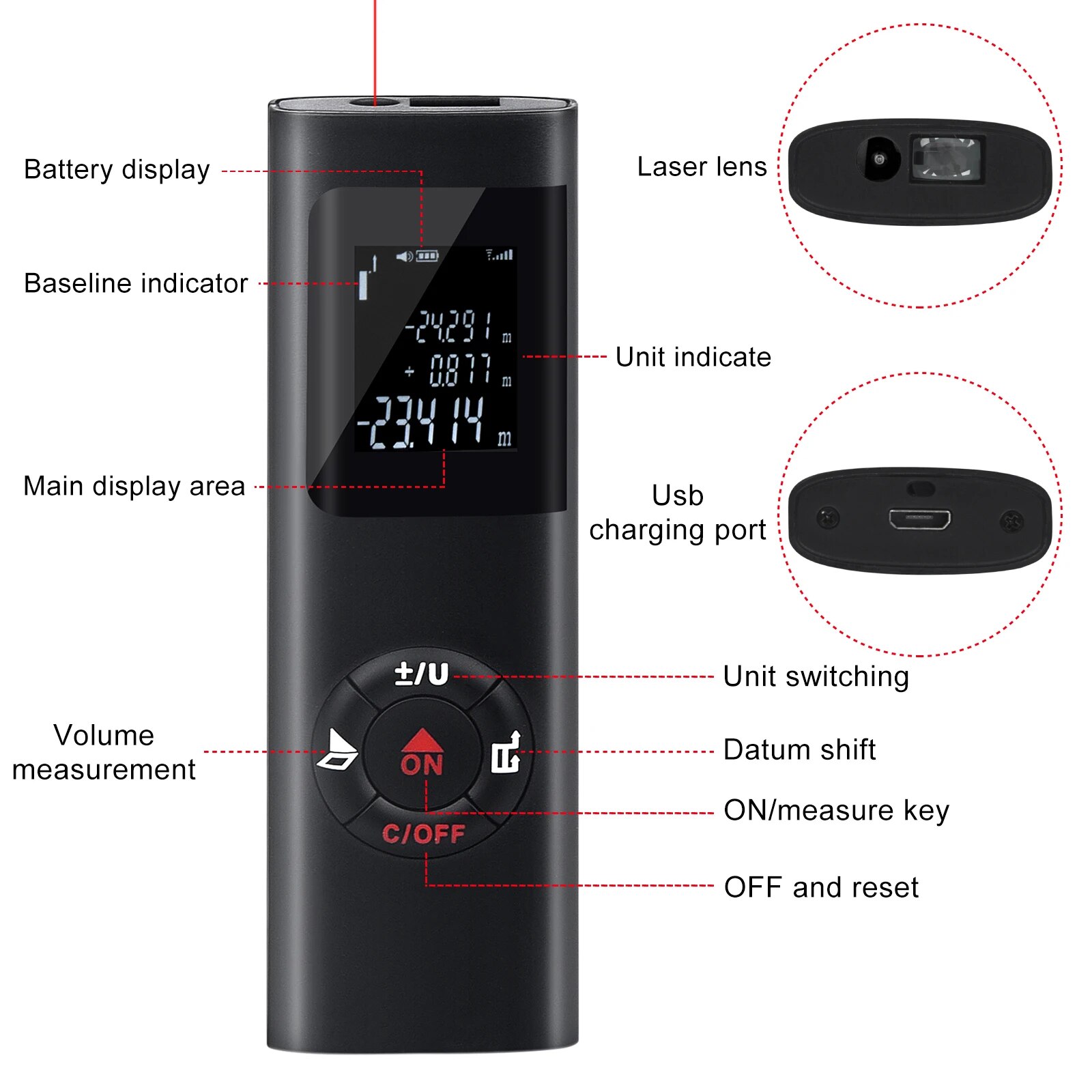 Mini medidor de distancia láser inteligente de 40M/60M, telémetro infrarrojo, herramientas de telémetro láser portátil recargable por USB