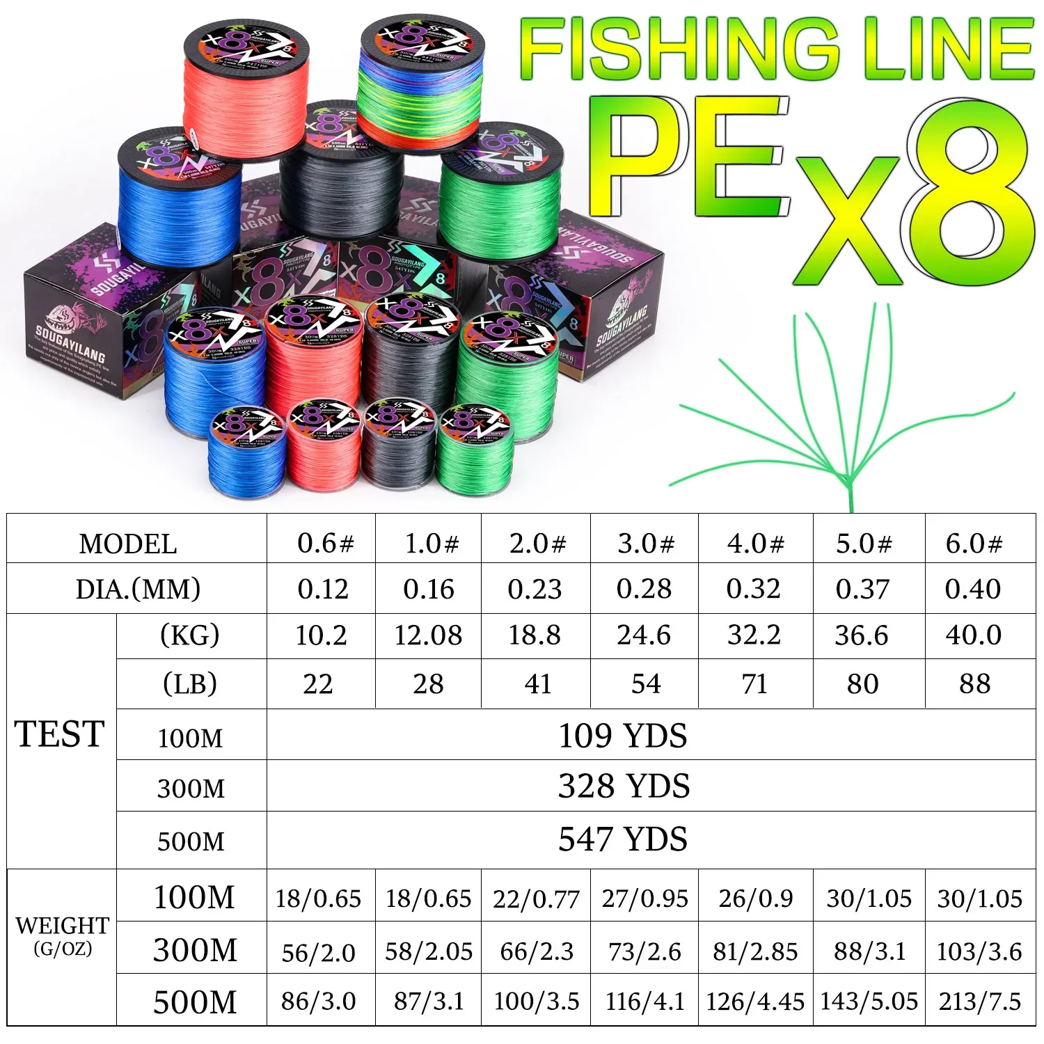 Línea de pesca trenzada Sougayilang X4 X8 100/300/500 arrastre máximo 66LB línea de PE multifilamento para lubina accesorios de pesca de carpa