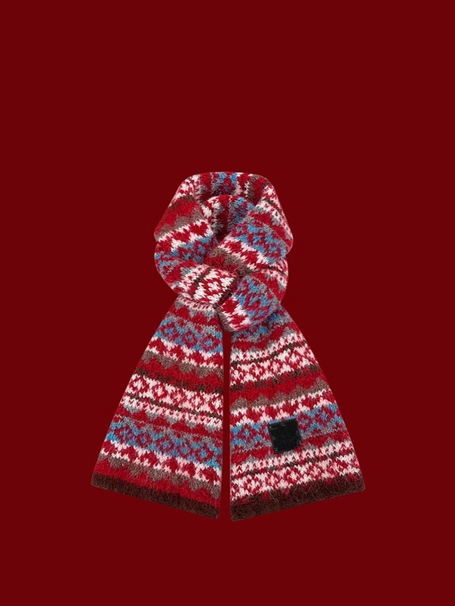 ムースキングシップ 2024 新ヴィンテージ刺繍カラーブロックニットスカーフ女性暖かいカレッジスタイルトレンディなスカーフファッションアクセサリー