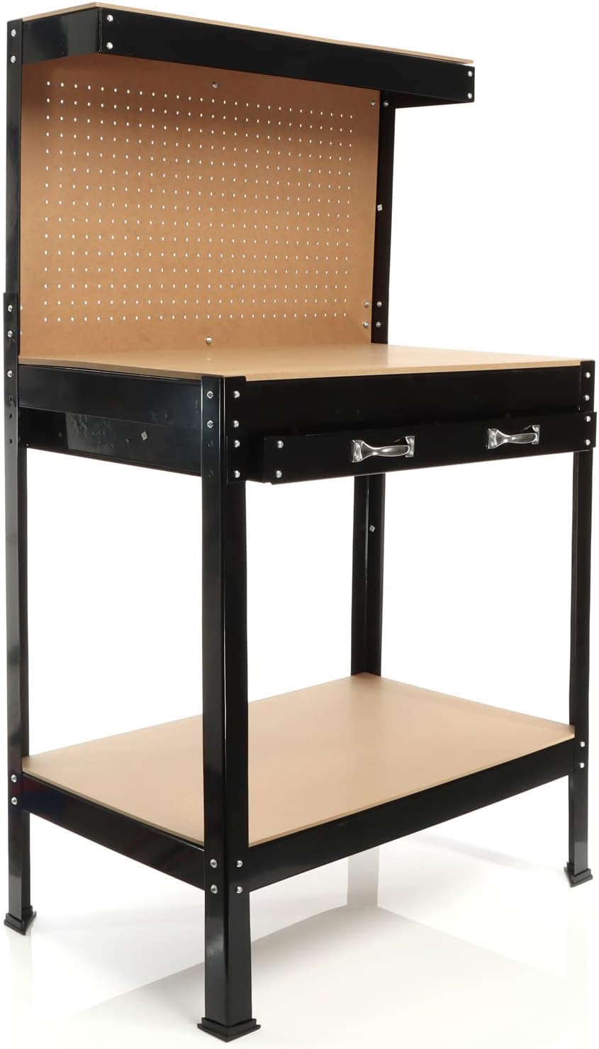 Taller 1150x550x1400mm Mesa Taller Superficie Trabajo Panel Perforado Balda Cajón Herramientas, Negro, de acero.