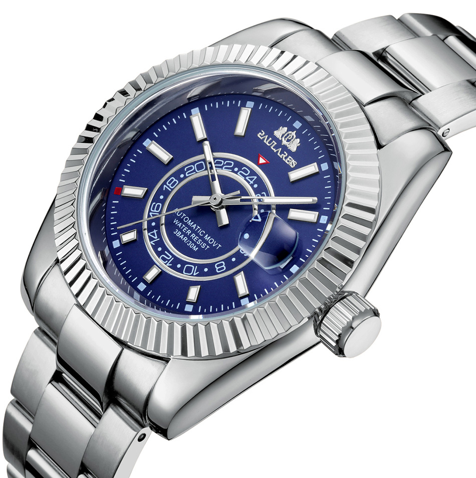 Reloj mecánico automático de cuerda automática para hombre, correa de acero inoxidable, oro rosa, plata, azul, fecha, cielo de lujo, 40mm