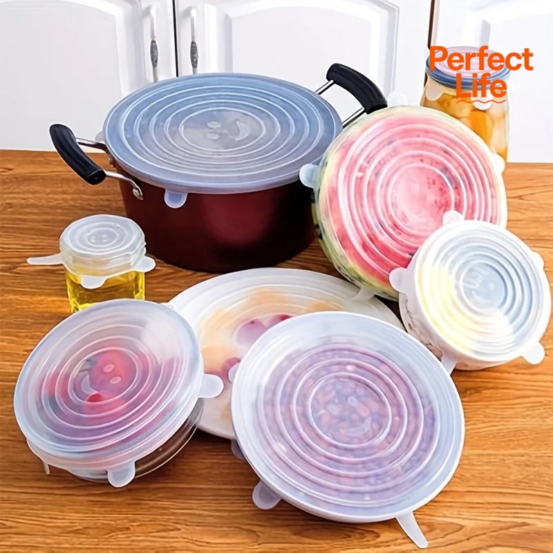 6Pcs Silicone Cover Stretch Lids for Kitchen Microwave Food Covers Bowl Caps Elastic Silicone Lid Cap Universal Adaptable Lids