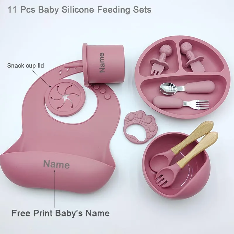 11Pcs Silicone Feeding Sets For Baby Personalized Name Children's Tableware Suction Cup Plates Bowl Spoon Feeding Cups BPA Free