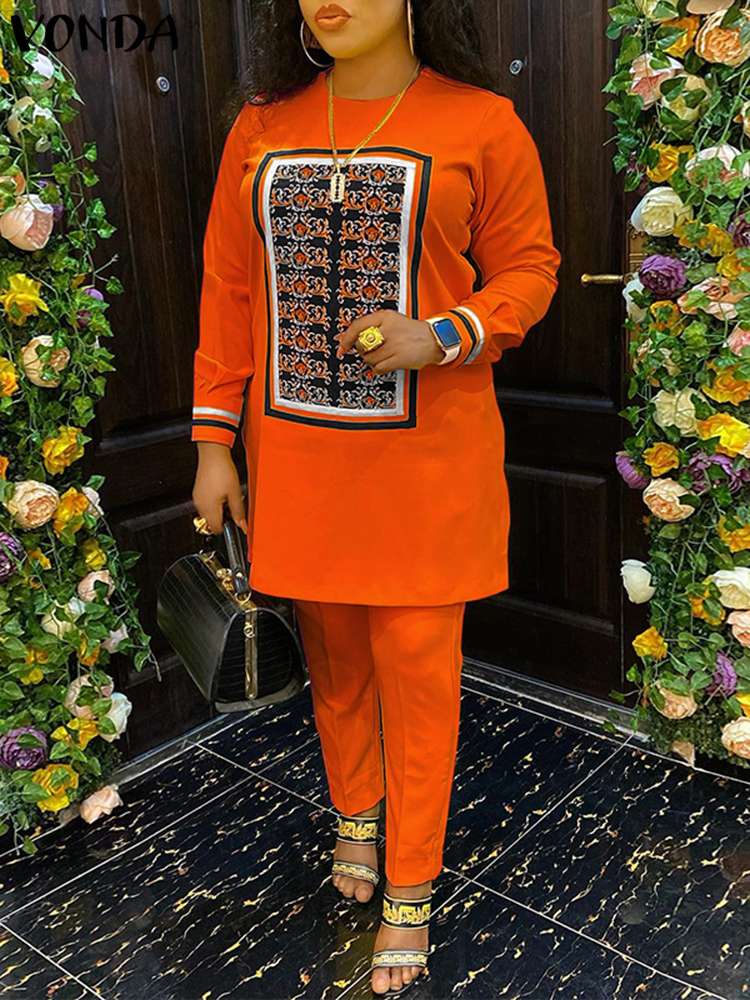 Vonda-女性用の長袖トップとパンツセット,ヴィンテージスタイル,ボヘミアンスタイル,ルーズフィット,ラージサイズ,5xl,2個