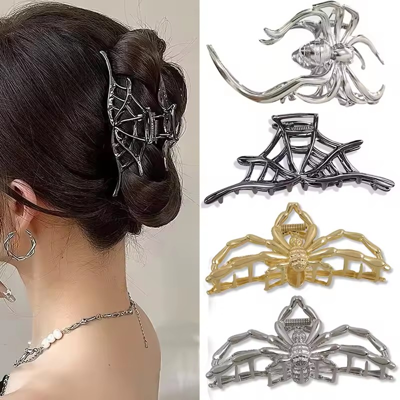 1Pcs Halloween Black Spider Hair Claw Clips z perłowym wzorem, metalowe gotyckie spinki do włosów Punk Mocne akcesoria do włosów