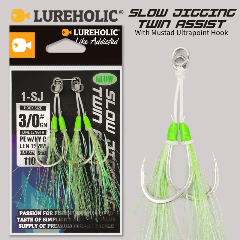 1-SJ Jigging lento Twin Assist con anzuelos Mustad, anzuelos de Jigging brillantes, anzuelo de pesca de mar en brisa marina