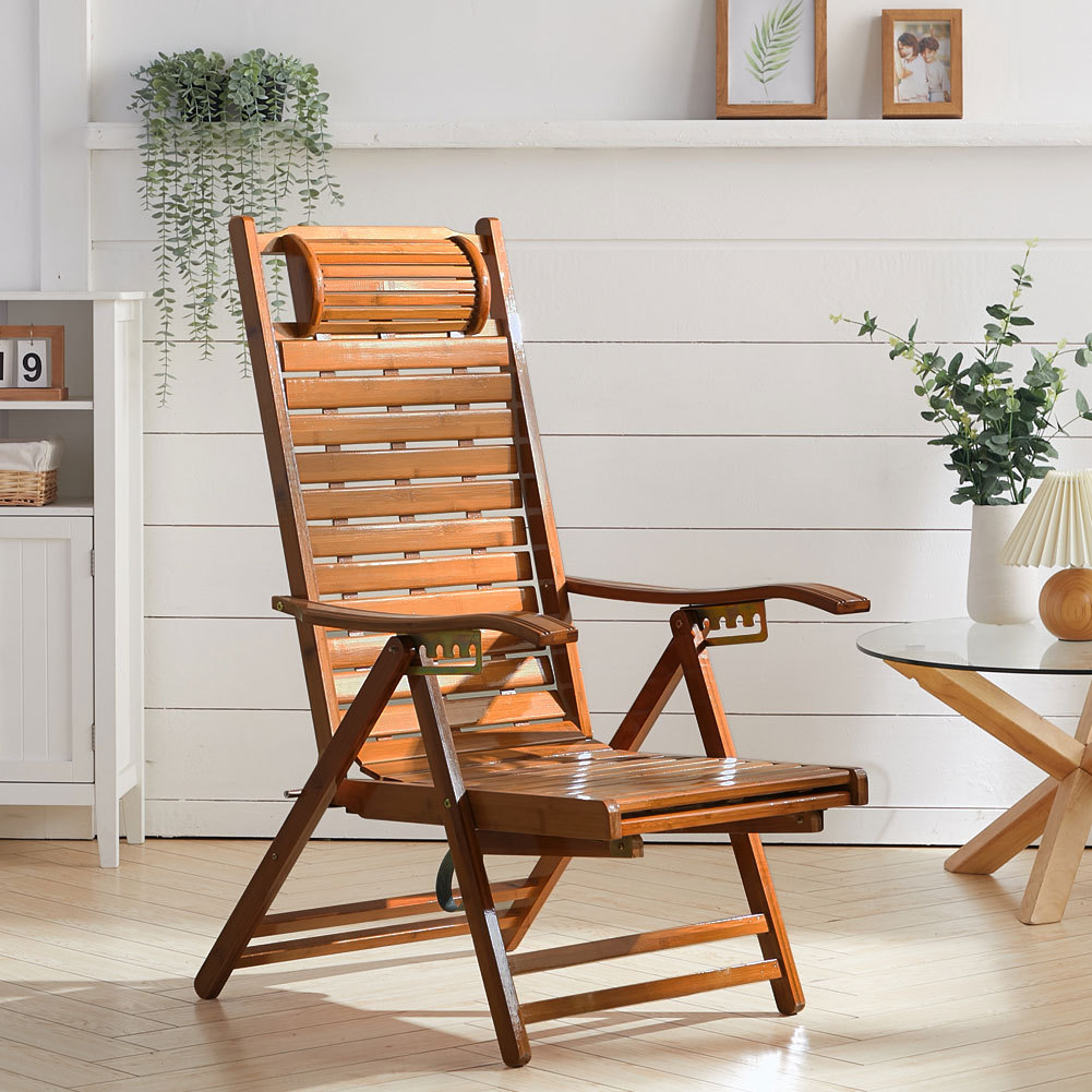 【Breeins】Bamboo Foldable Recliner Lounge Chair with Retractable Footrest Outdoor
