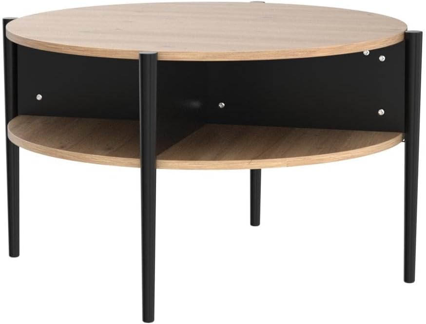 Wood Round Coffee Table with 2-Tier Storage Partitioned Shelf Industrial Modern Design Sofa Table for Living Room