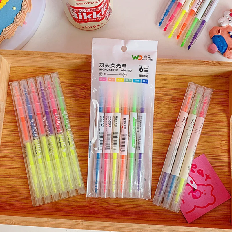3/6 ชิ้น/เซ็ต Double HEAD Fluorescent Highlighter ปากกาเครื่องหมายพาสเทลปากกาสําหรับนักเรียนโรงเรียนอุปกรณ์สํานักงานเครื่องเขียนน่ารัก