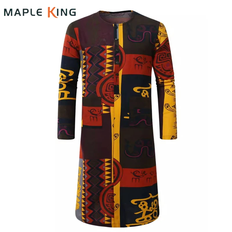 Jubba Thobe para homens, roupas muçulmanas, linho de algodão, estampa étnica oráculo vintage, kaftan árabe, kaftan de Dubai, camisetas de manga comprida