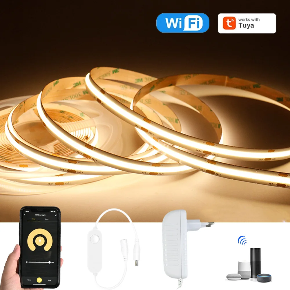 Tuya WiFi COB LED Strip 12V 1m 2m 3m 4m 5m Warm white Wardrobe Cabinet Lighting Room Decor 3000-6500K for Alexa Google Assistant